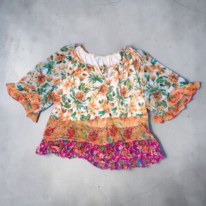Cato Plus Size 22/24W Boho Floral Tiered Mesh Peasant Blouse - Ruffle Accents